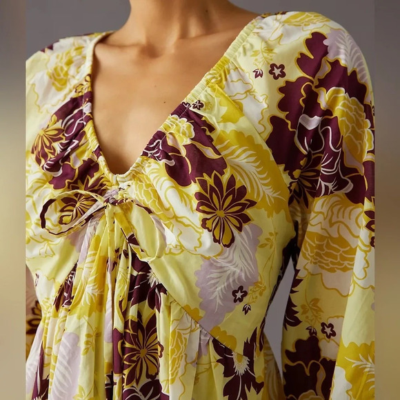 Anthropologie Plus Size V Neck Yellow Floral Mini Dress XL - Picture 4 of 13